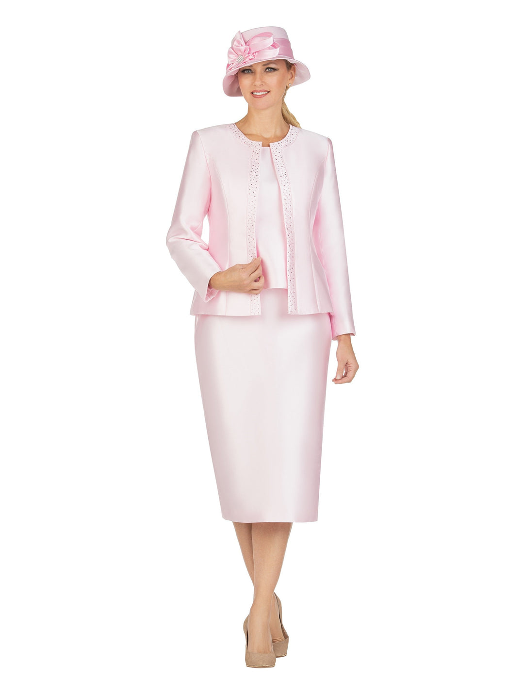 3pc Silky Twill Skirt Suit w/ Rhinestones - Plus