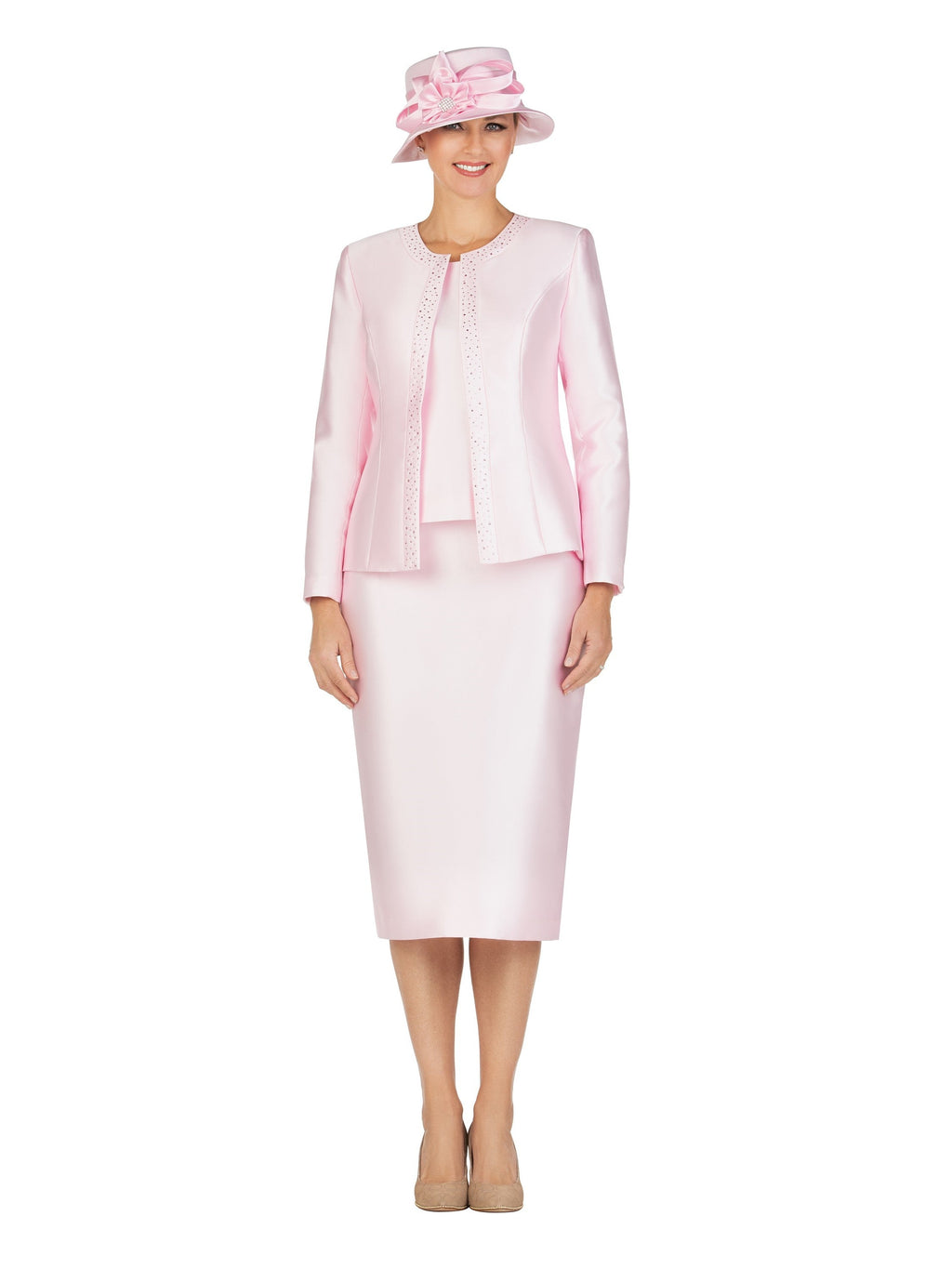 3pc Silky Twill Skirt Suit w/ Rhinestones - Plus