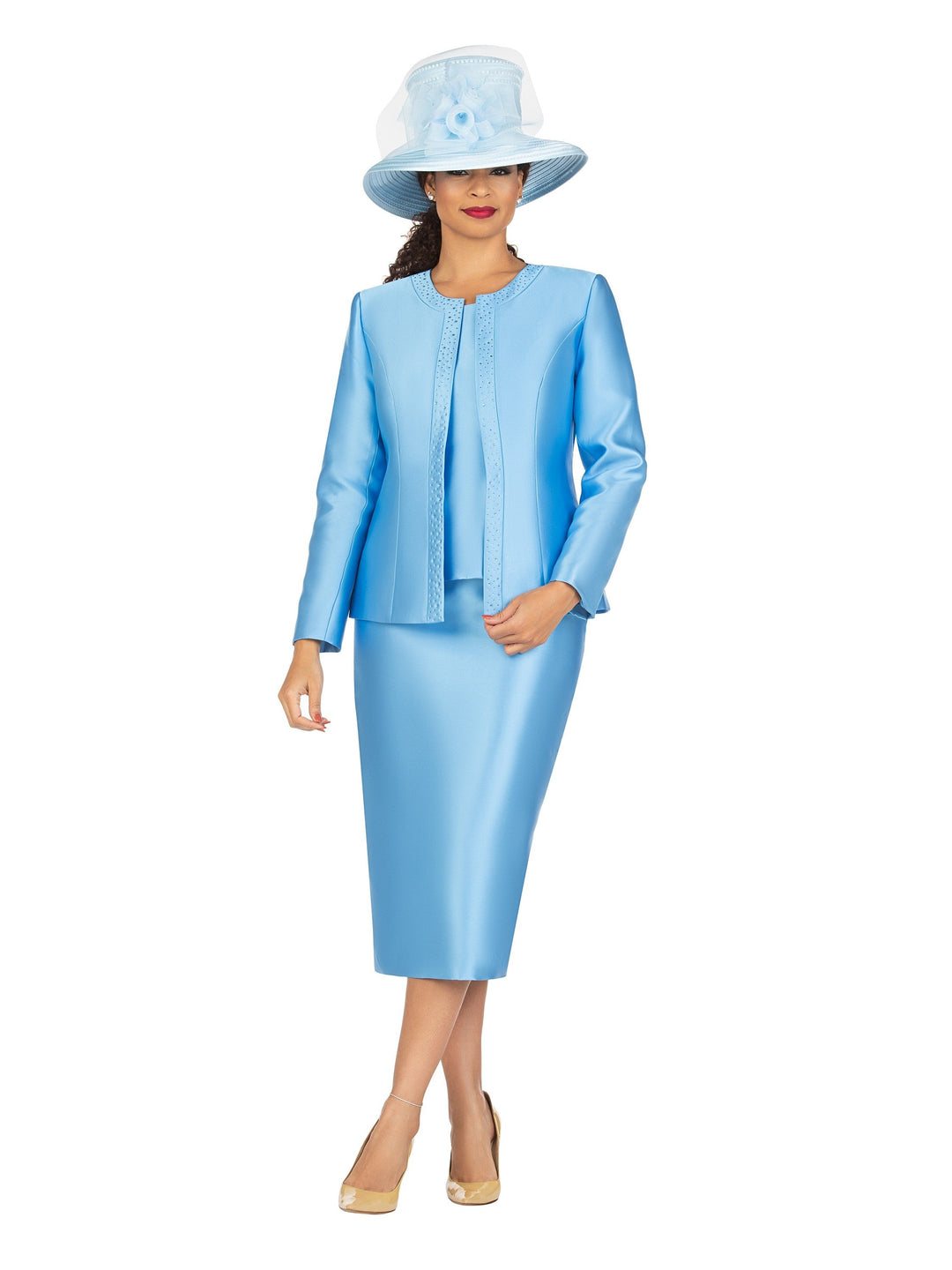 3pc Silky Twill Skirt Suit w/ Rhinestones - Plus