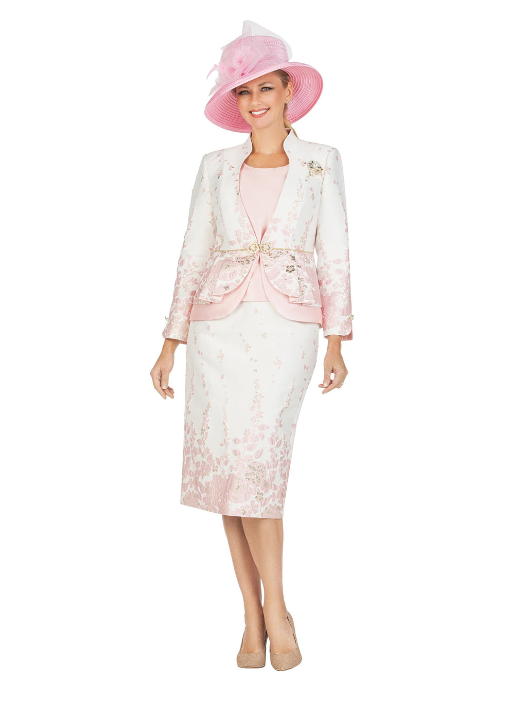 3pc Floral Print Brocade Peplum Jkt Skt Suit-Plus