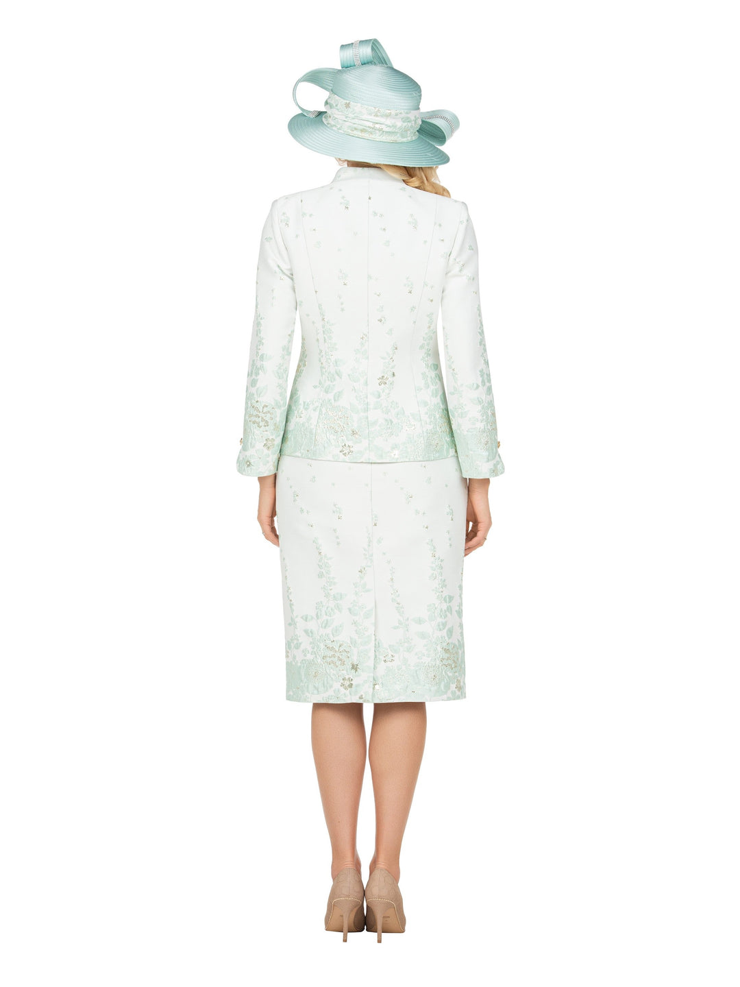 3pc Floral Print Brocade Peplum Jkt Skt Suit