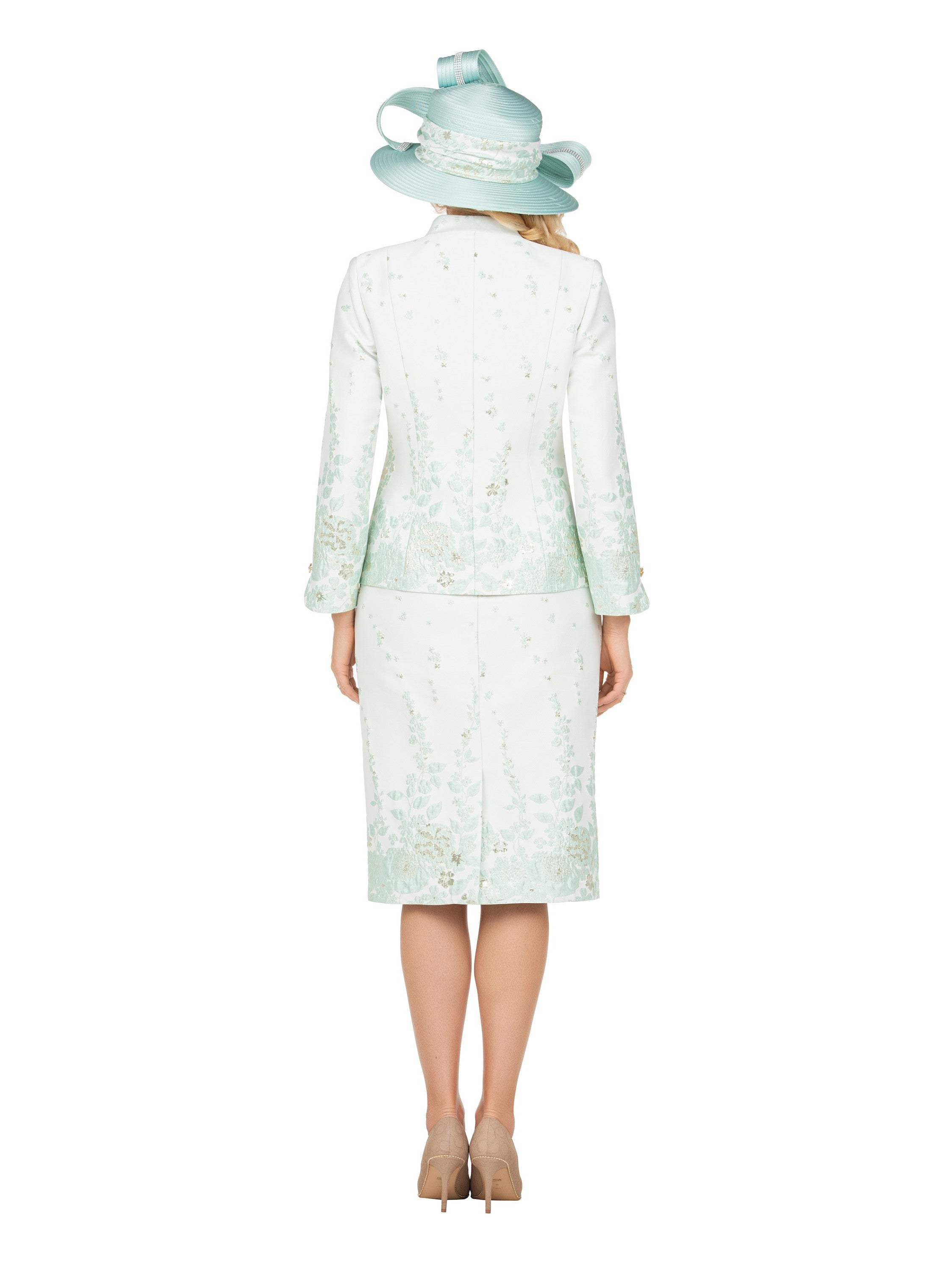 3pc Floral Print Brocade Peplum Jkt Skt Suit