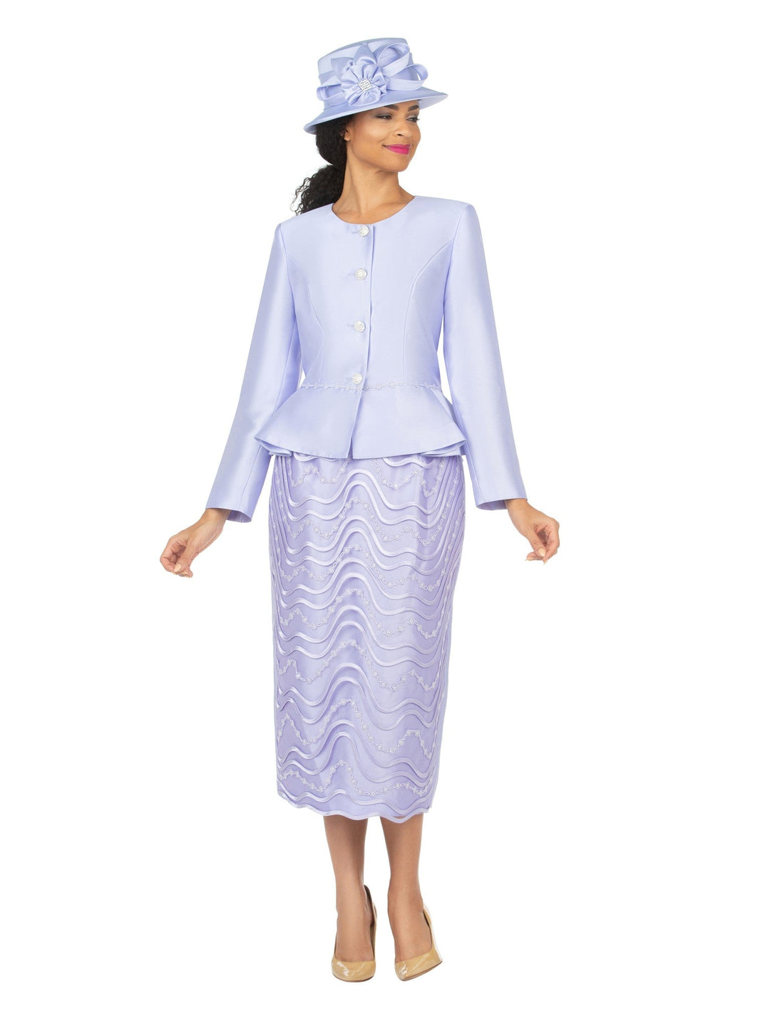 2pc Silky Twill Peplum Jkt & Lace Skt Suit - Plus