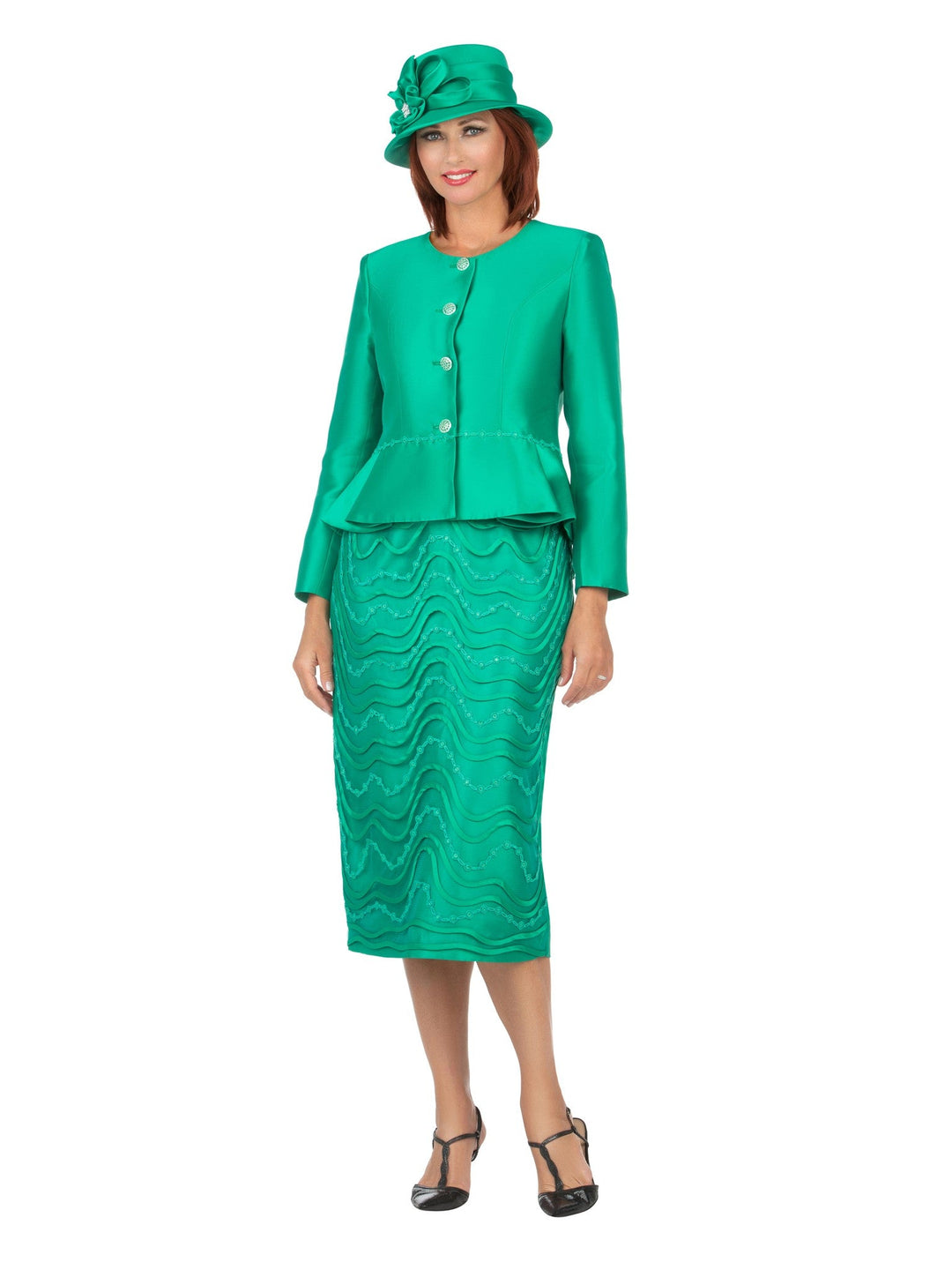 2pc Silky Twill Collarless Jkt + Lace Skirt Suit