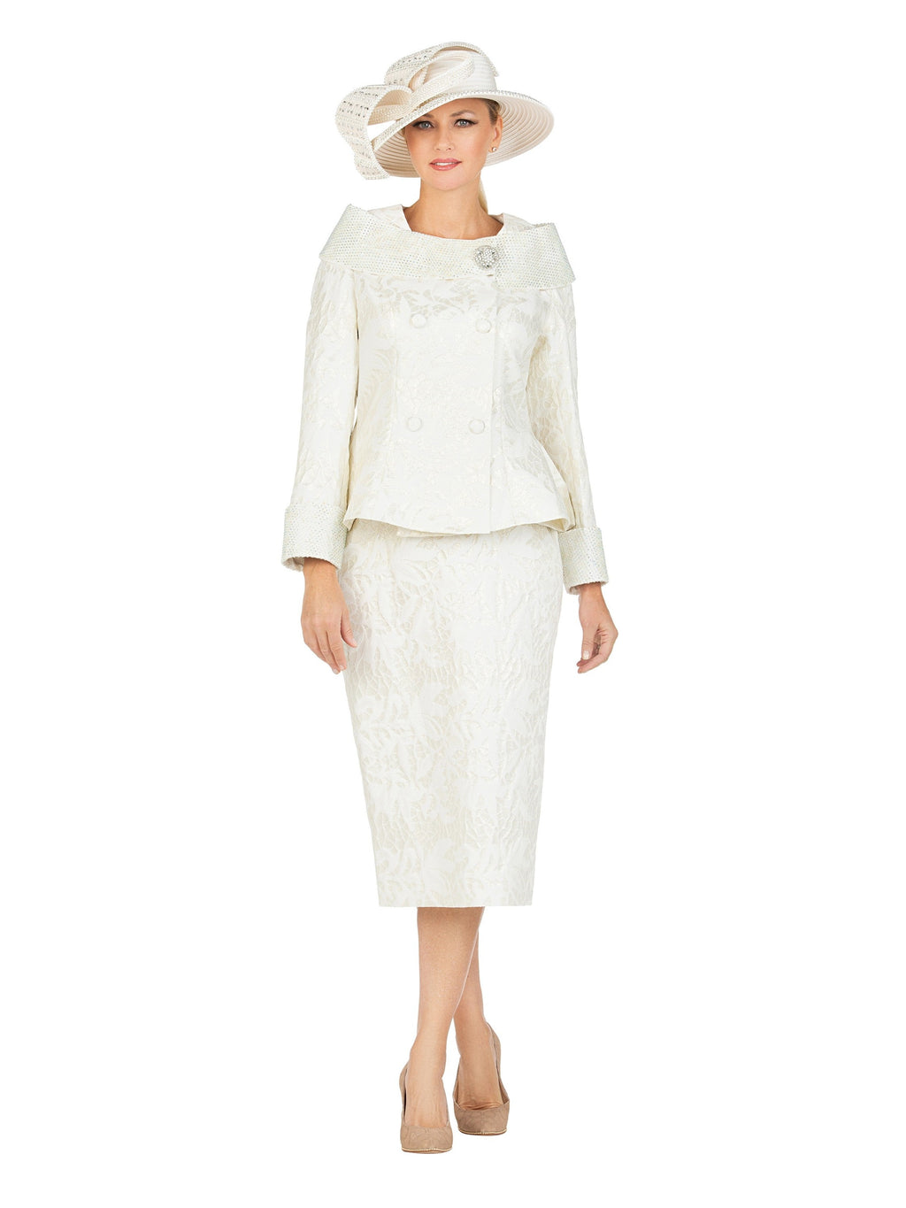 2pc Dbl-brstd Brocade Skirt Suit w/ Brooch