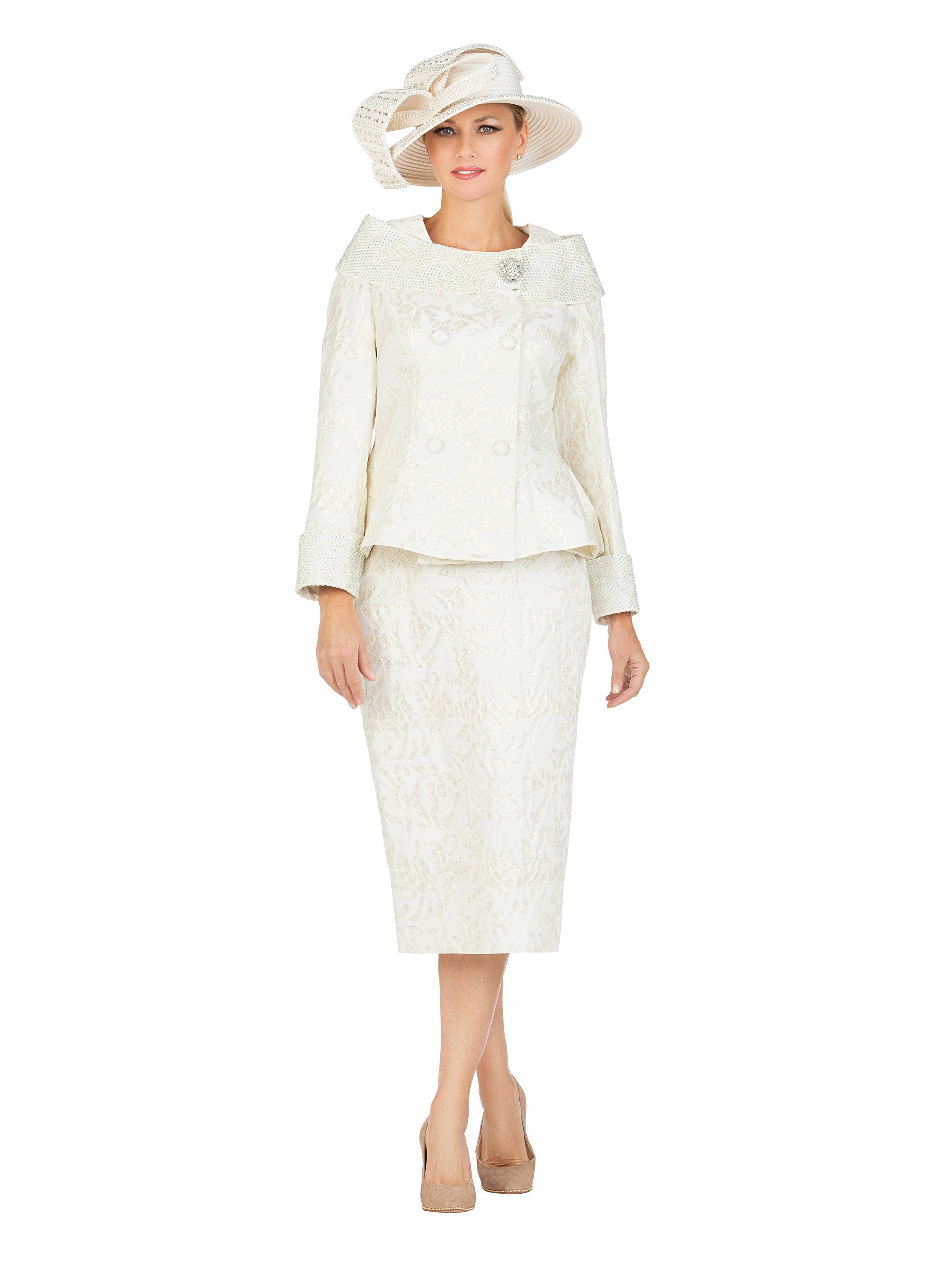 2pc Dbl-brstd Brocade Skirt Suit w/ Brooch