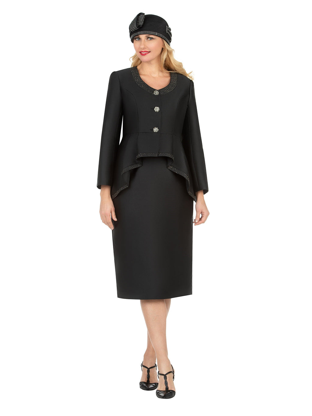 2pc Silky Twill Round Neck Uneven Peplum Suit