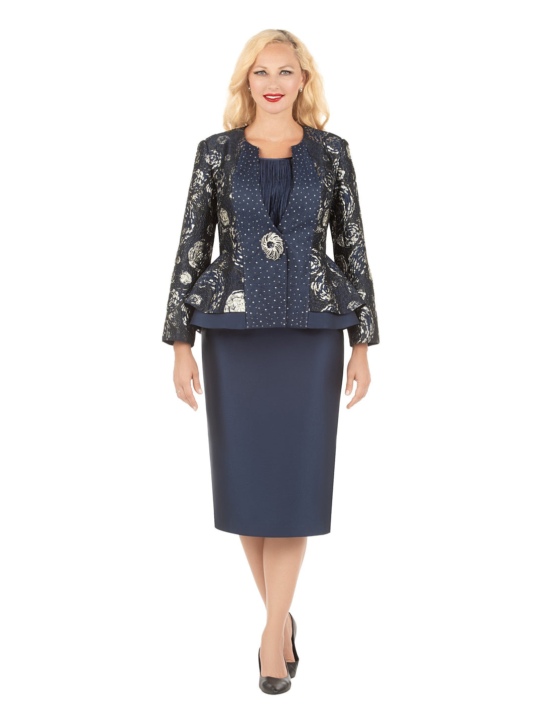 3pc Brocade&Crkl Satin Peplum Skt Suit-Plus