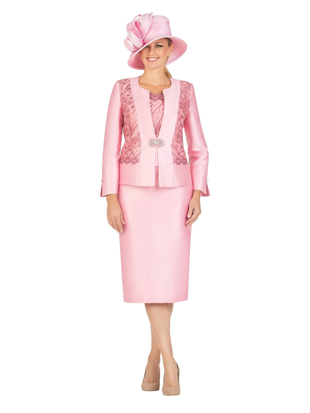 3pc Silky Twill Skt Suit w/ Lux Lace Decor