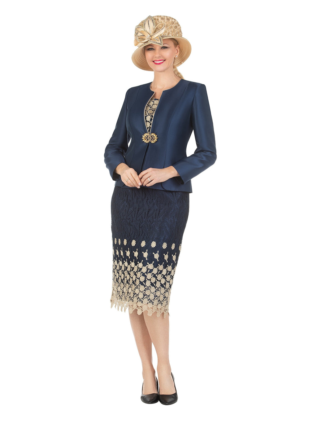 3pc Silk Twill/Lace Combo Two-tone Skirt Suit-Plus