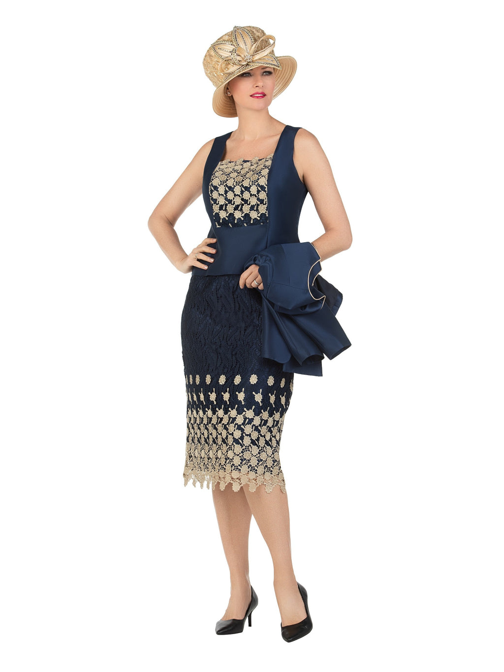 3pc Silk Twill/Lace Combo Two-tone Skirt Suit-Plus