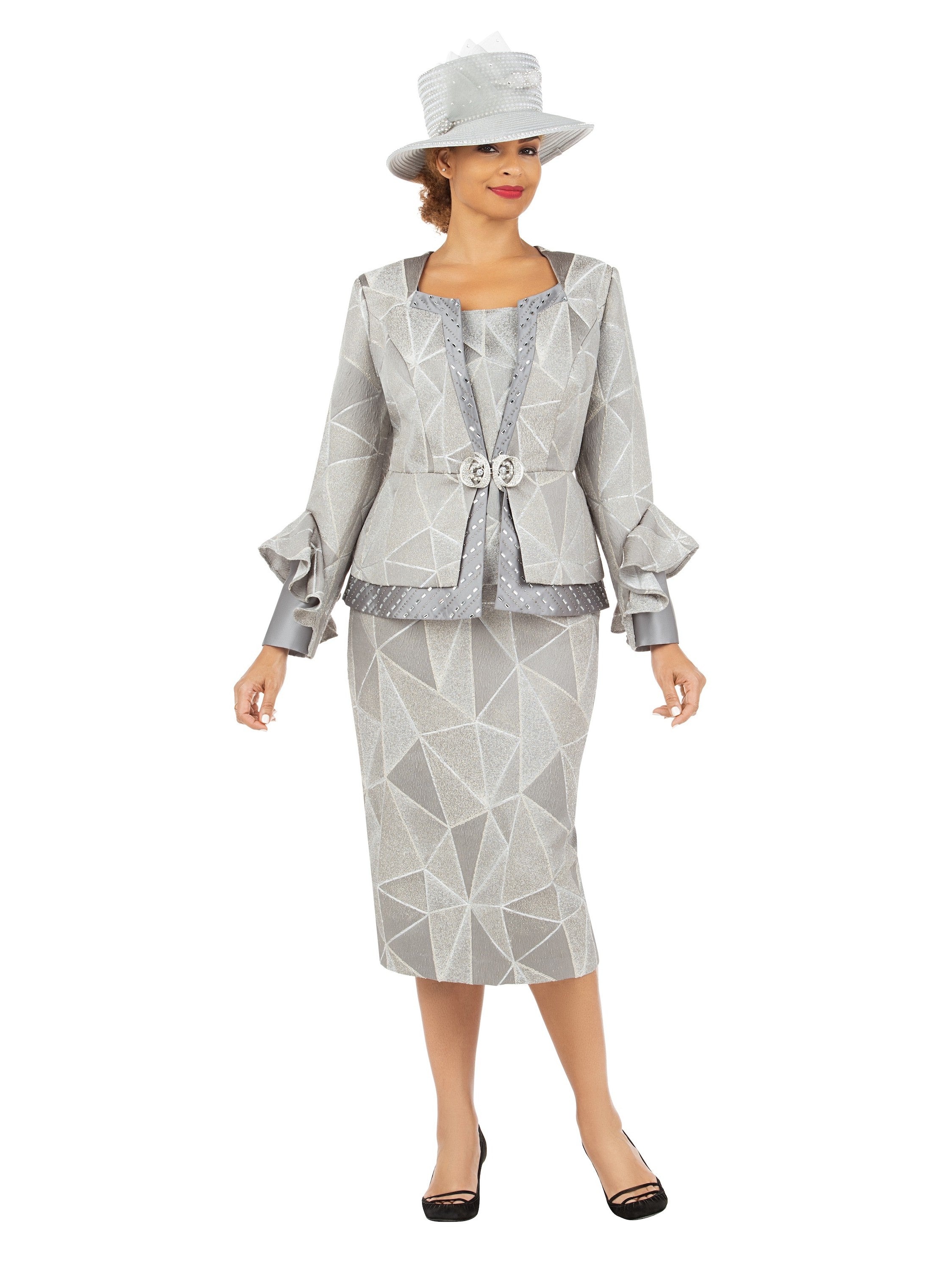 3pc Geometric Ptn Brcd Skt Suit w/ Stones
