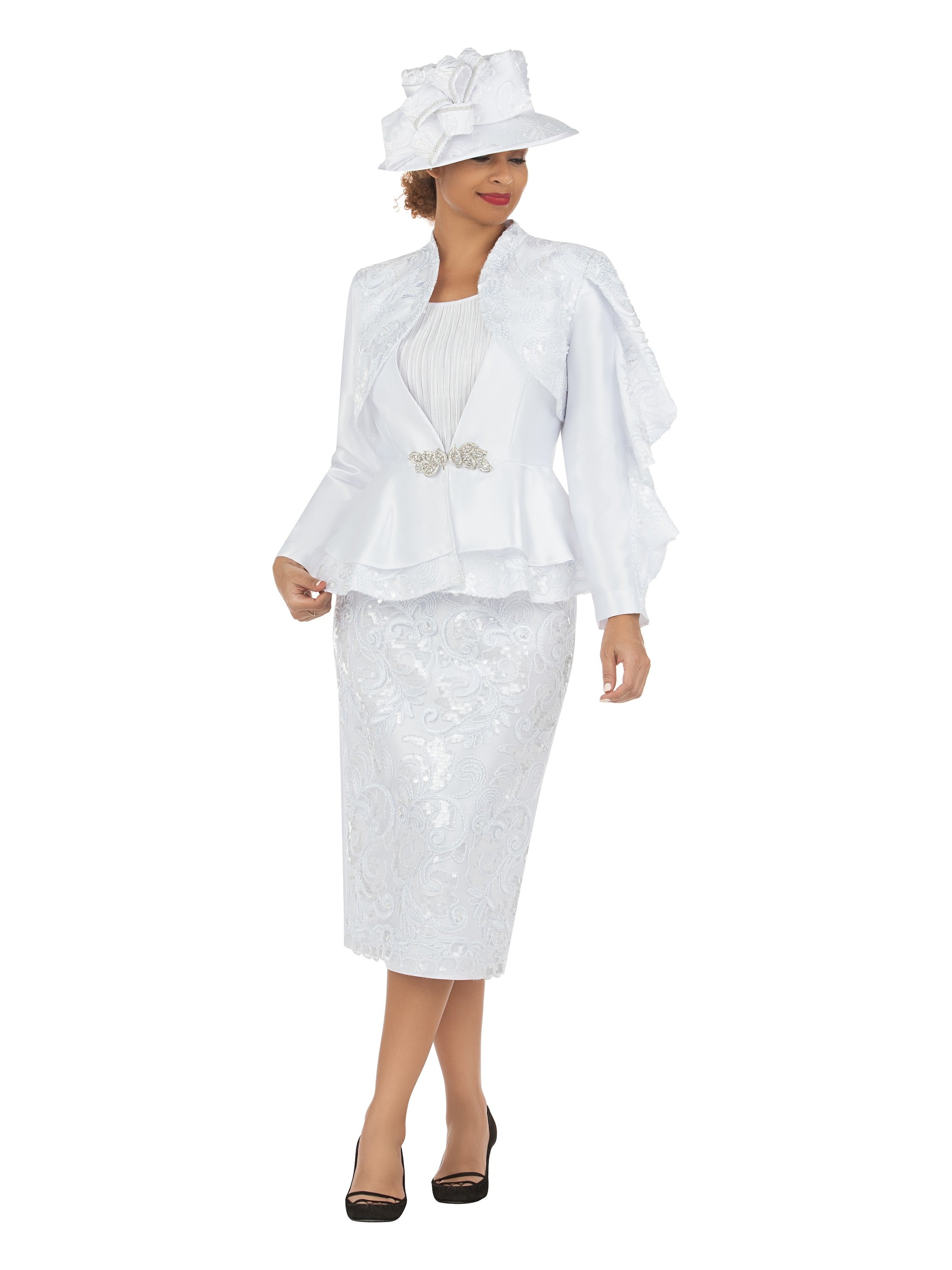 2pc Silky Twl Skt Suit w/ Seq Lace+Faux Pearls