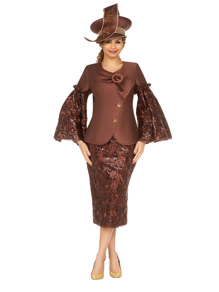 2pc Bell Slv Seq Lace&Silky Twill Skirt Suit-Plus