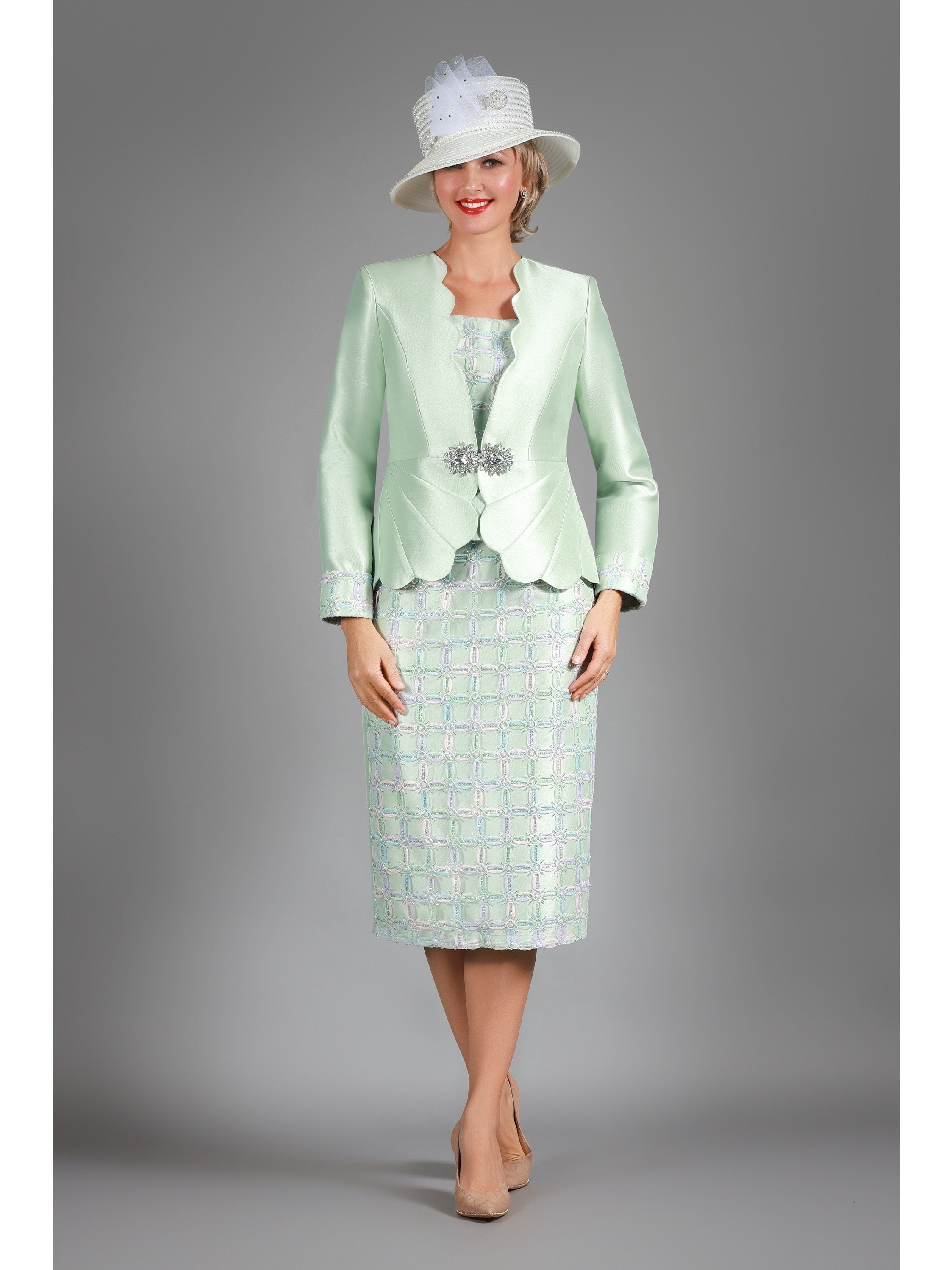 3pc Scallop Hemmed Jkt + Lace Ovly Skirt Suit
