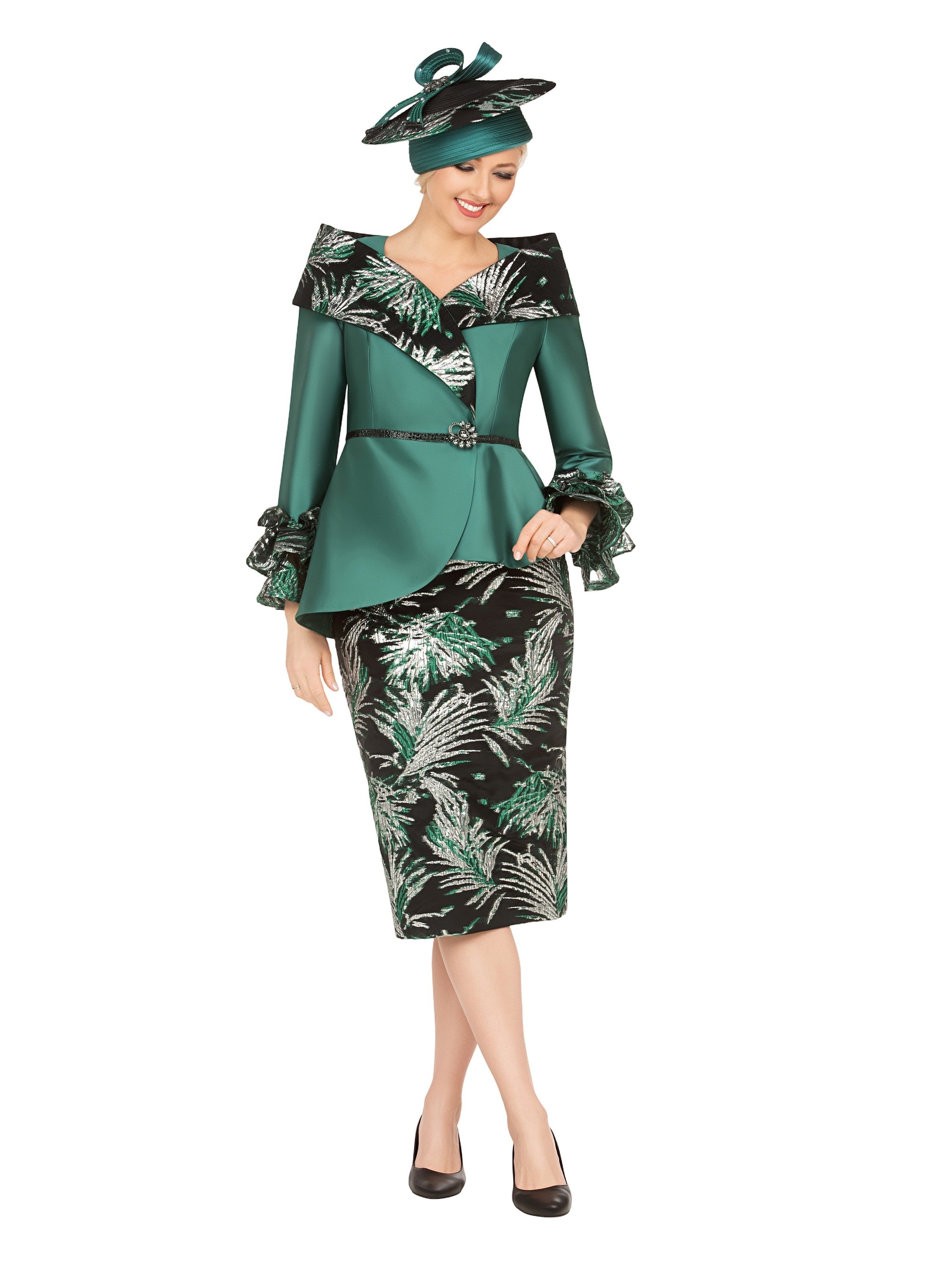 2pc Silky Twill&Jacquard Combo Skirt Suit-Plus