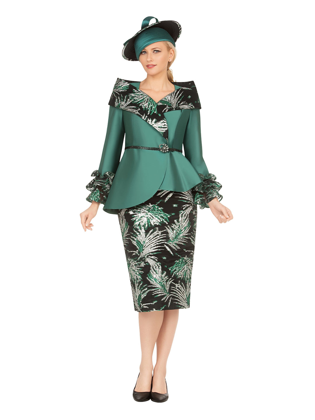 2pc Silky Twill&Jacquard Combo Skirt Suit-Plus