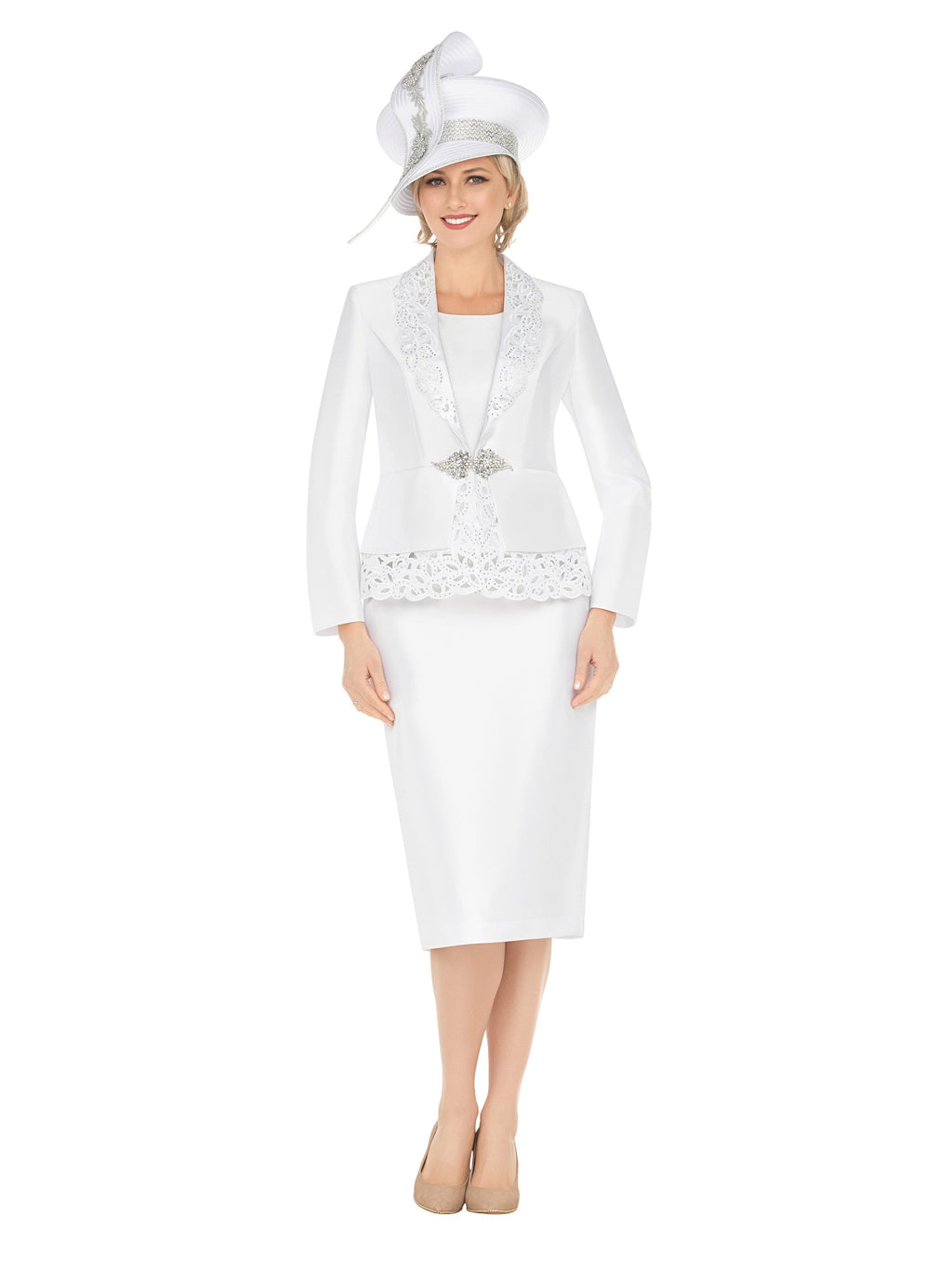 3pc Silky Twill Skirt Suit w/ Cutouts & Stones