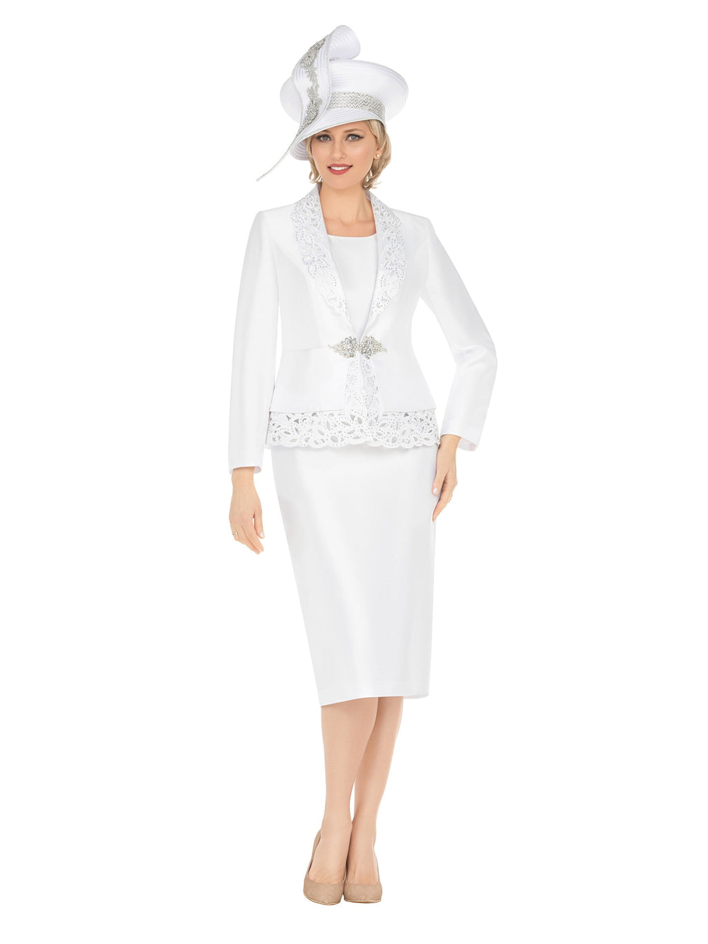 3pc Silky Twill Skirt Suit w/ Cutouts & Stones