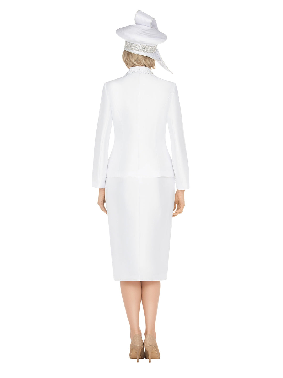 3pc Silky Twill Skirt Suit w/ Cutouts & Stones