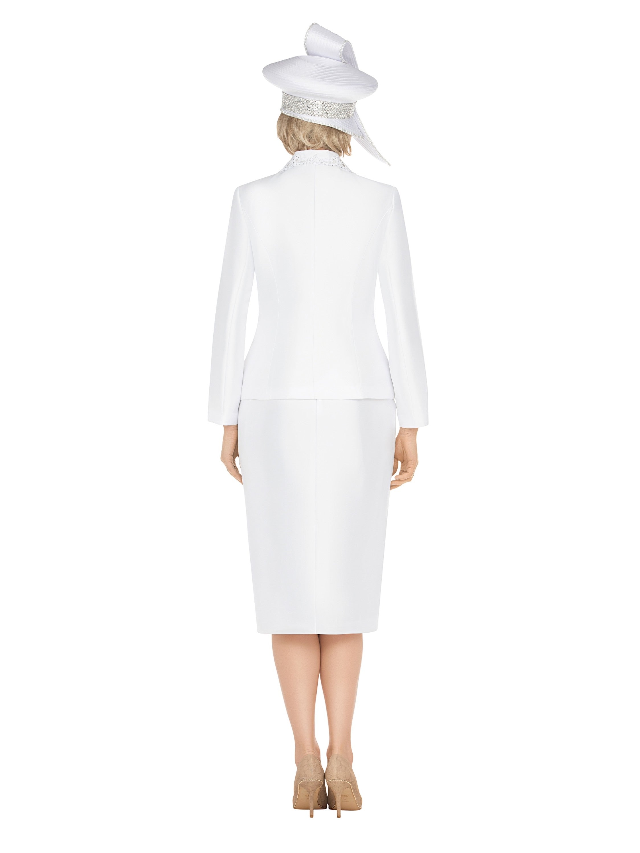 3pc Silky Twill Skirt Suit w/ Cutouts & Stones