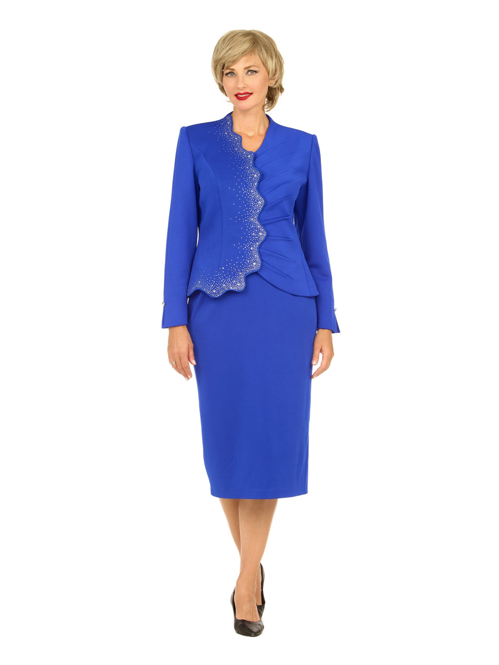 2pc Light Scuba Skirt Suit w/ Pleats & Stones