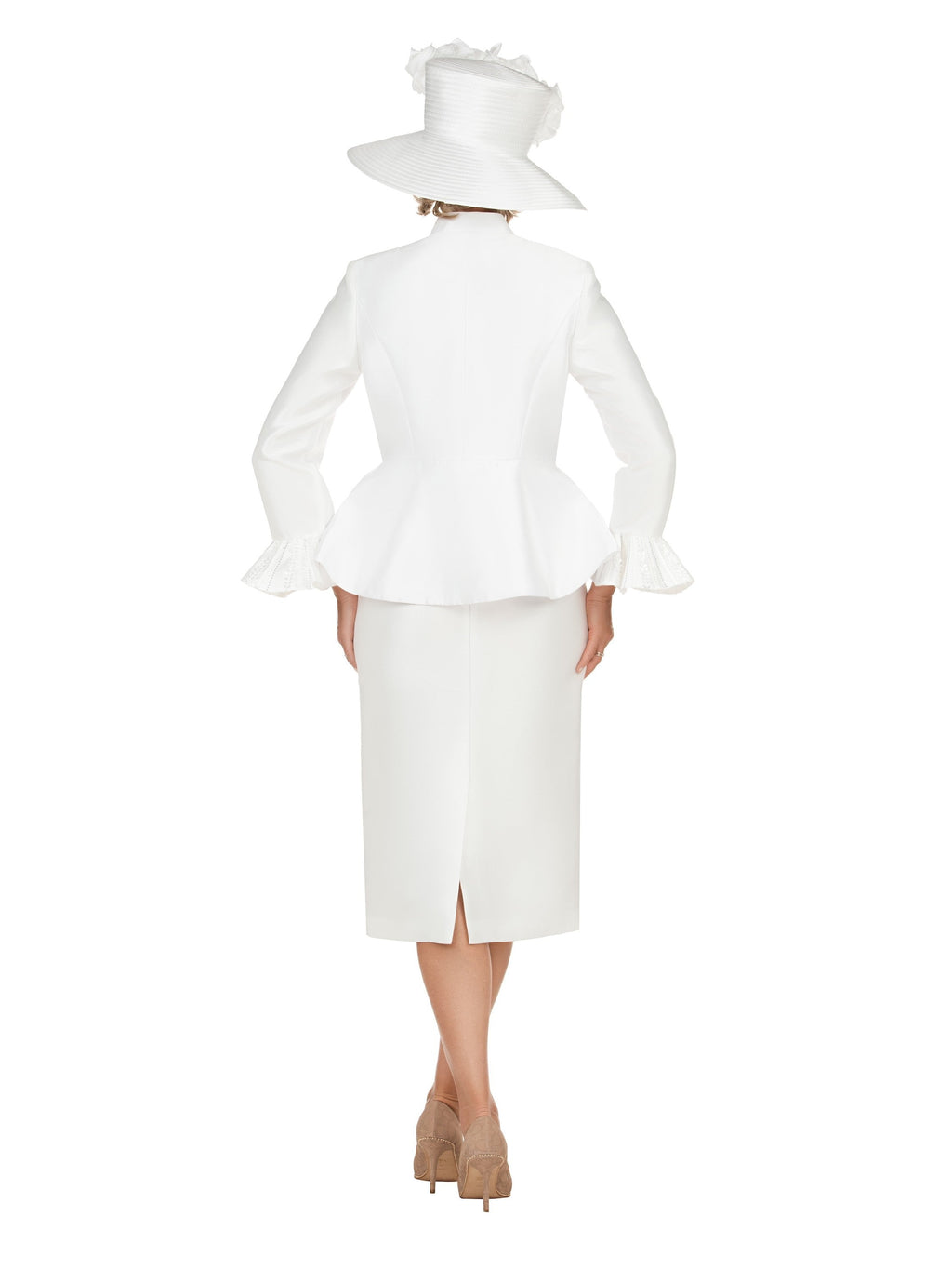 Silky 3pc Peplum Skirt Suit w/ Scalloped Trim