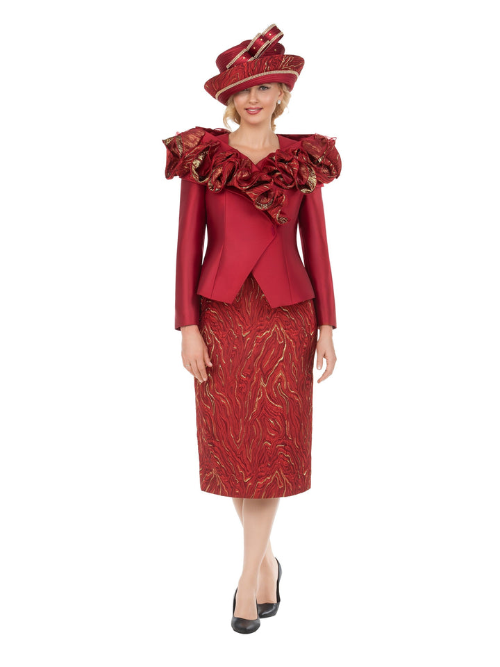 Brocade Rosette Collar 2pc Skirt Suit-Plus