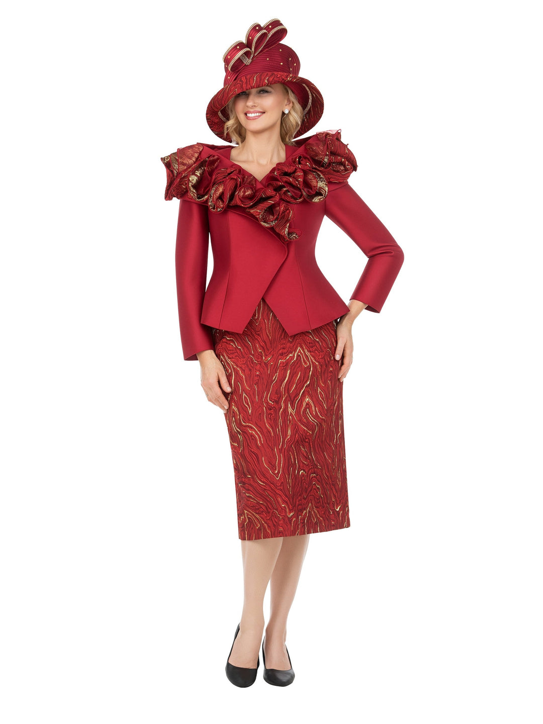 Brocade Rosette Collar 2pc Skirt Suit-Plus
