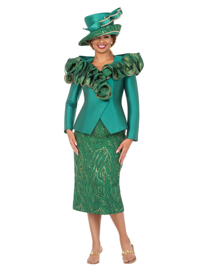 Brocade Rosette Collar 2pc Skirt Suit-Plus