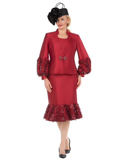 Cranberry Silky Twill Sequin-Fringe 3pc Skirt Suit