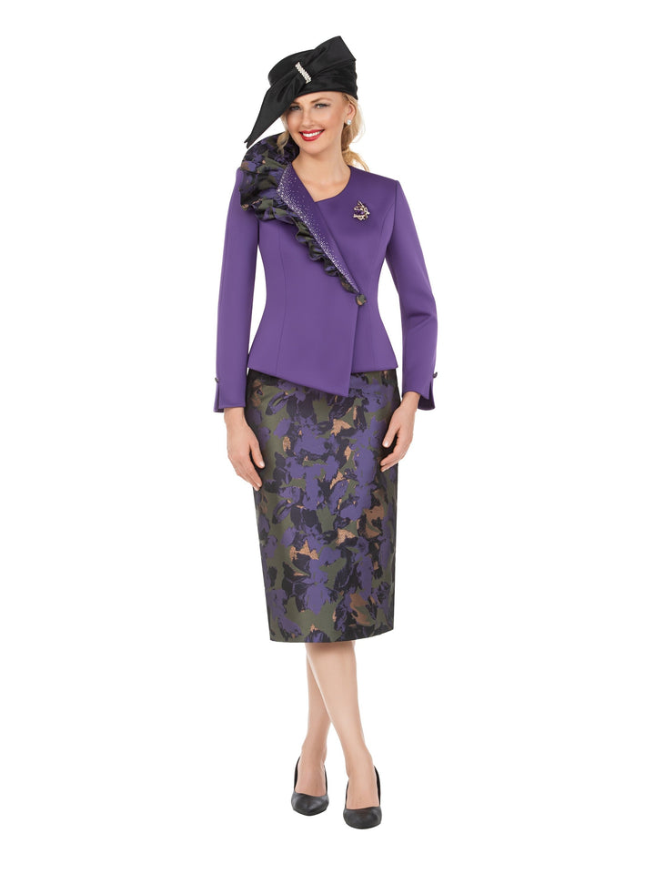 Purple Ruffle Jkt&Floral Brocade Skirt Suit-Plus