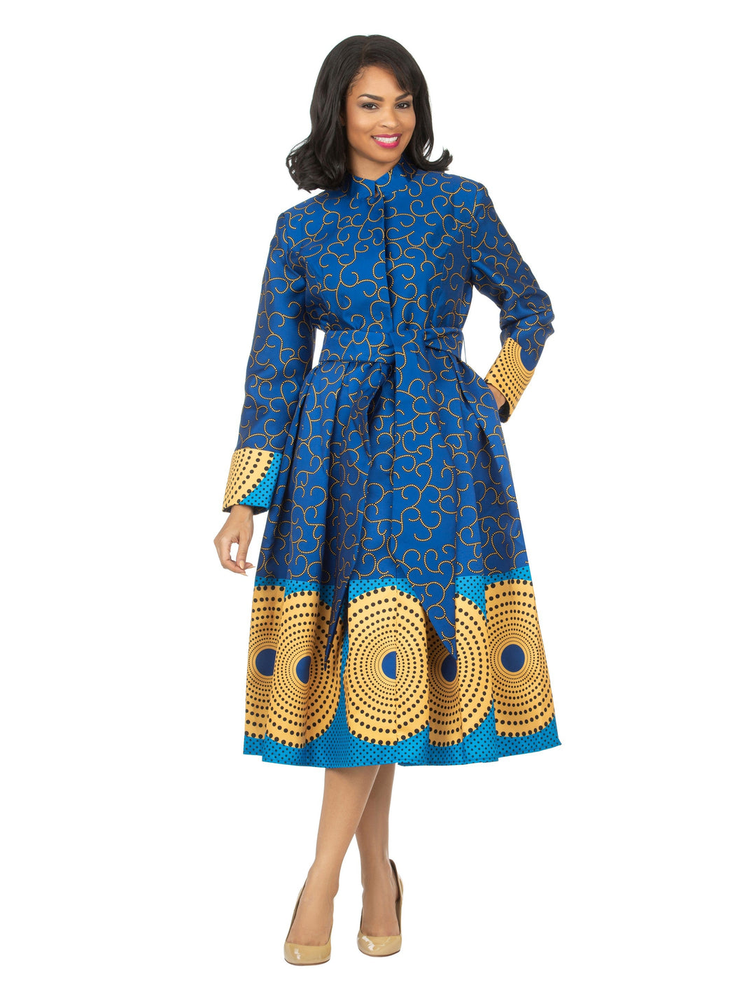 1pc Stand Collar A-line Print Dress w/ Belt-Plus