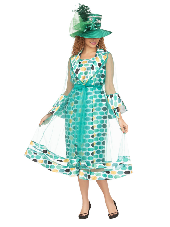 Dot Print 2pc Bell Sleeve Sheer Jkt Dress Set-Plus