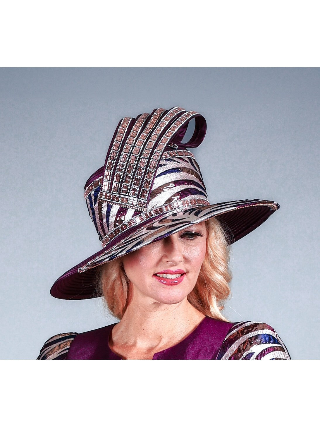 Wide Brim Twill & Brocade Hat w/ Stones