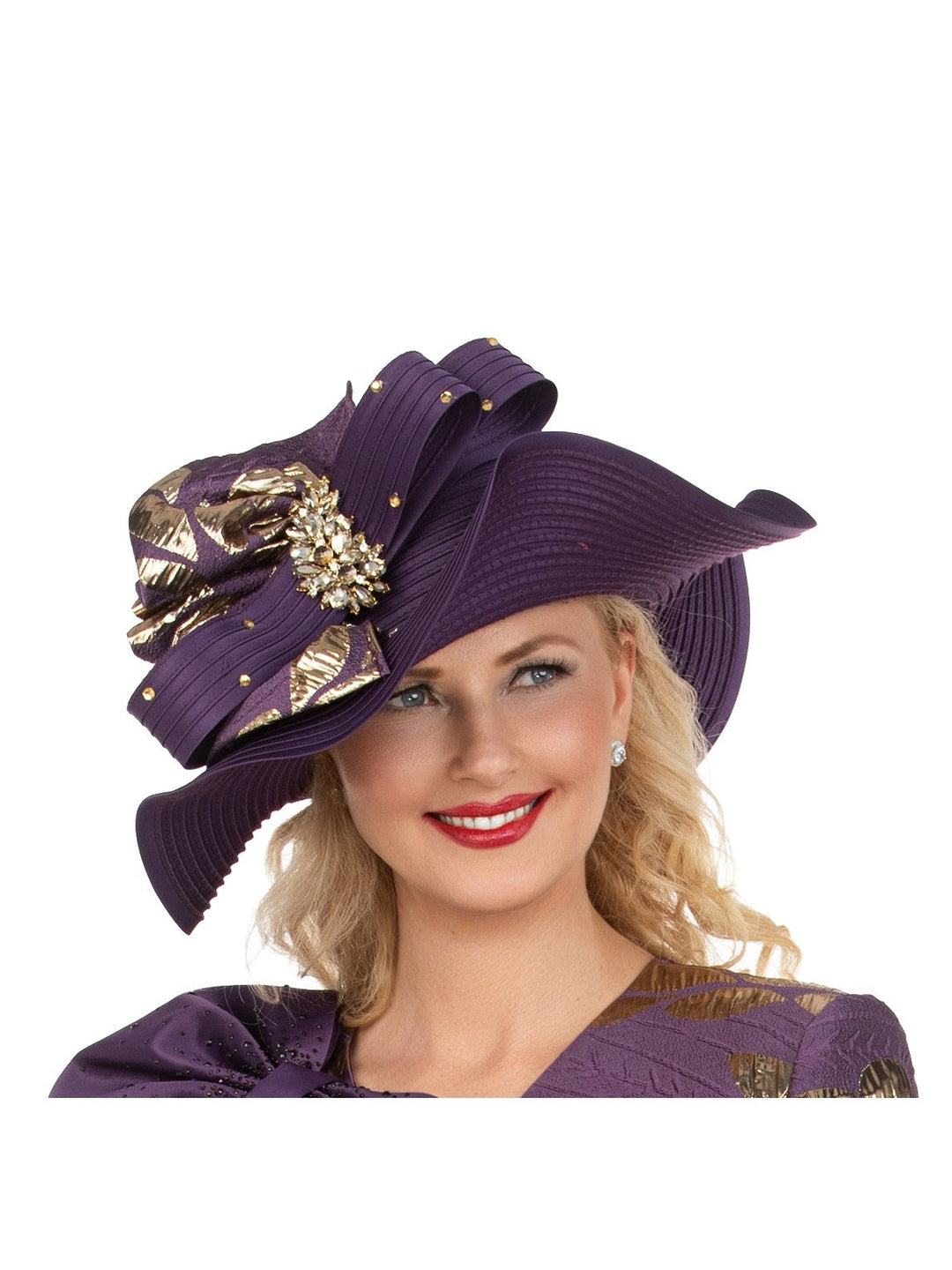 Sculpted Wavy Brim Hat with Gold Jeweled Brooch