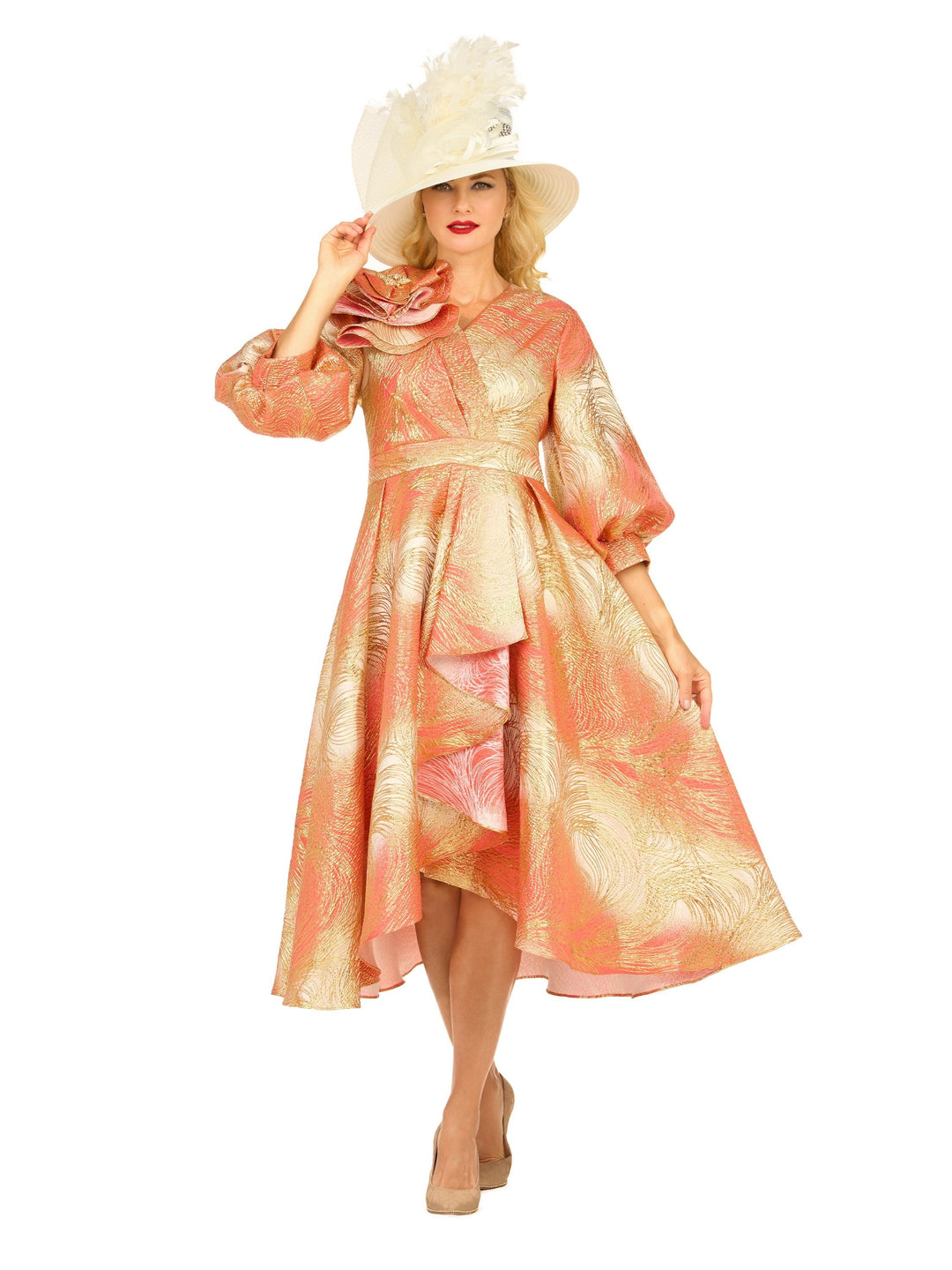 Metallic Brocade Dress with Cascade Ruffle-Plus