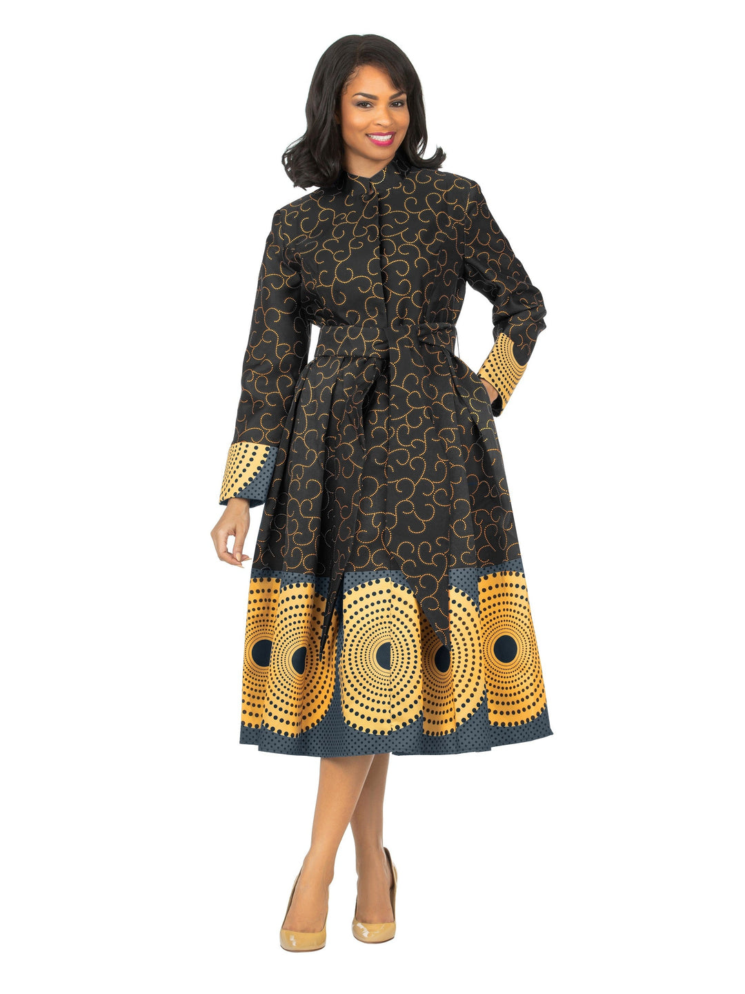 1pc Stand Collar A-line Print Dress w/ Belt-Plus