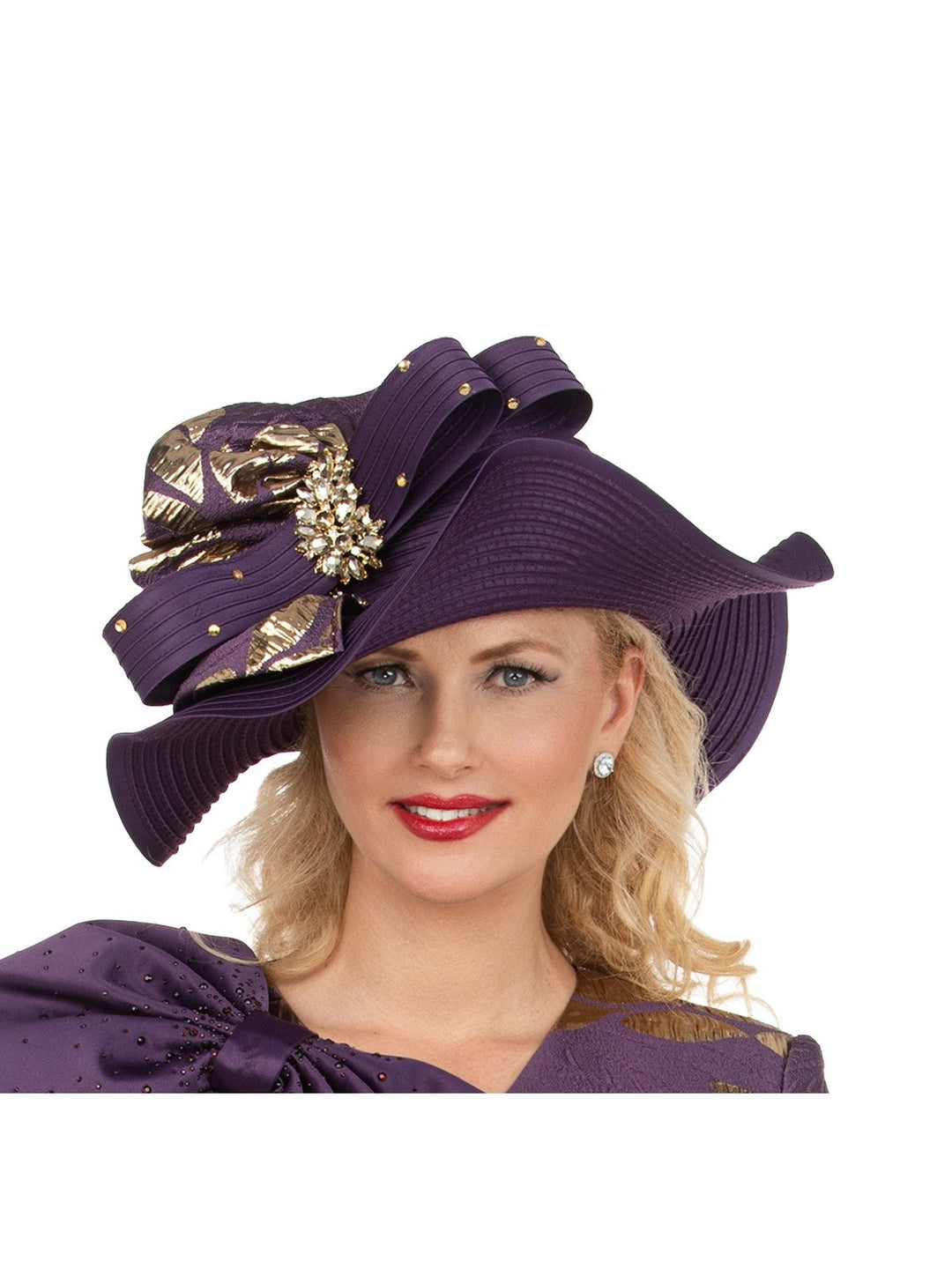 Sculpted Wavy Brim Hat with Gold Jeweled Brooch