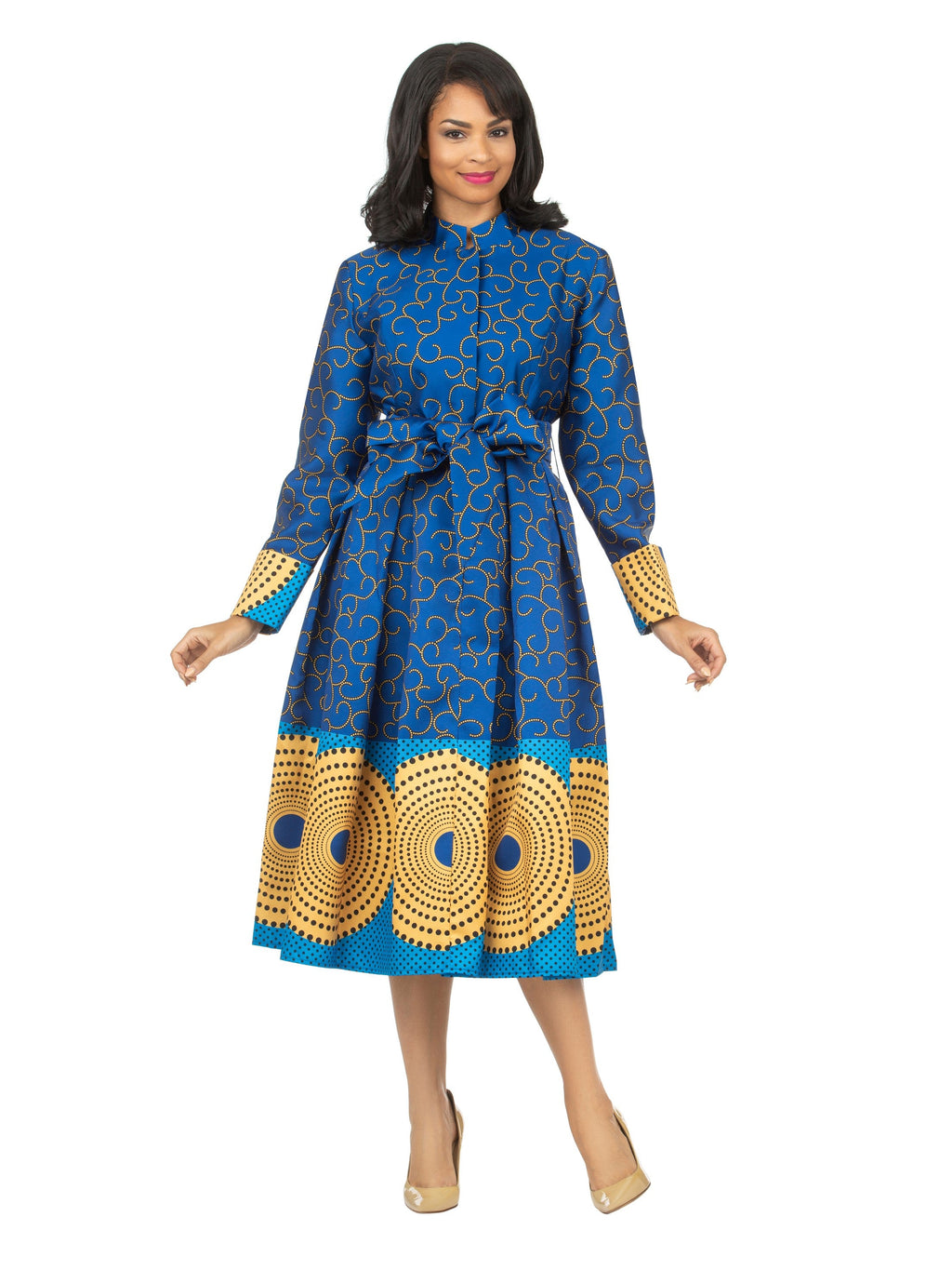 1pc Stand Collar A-line Print Dress w/ Belt-Plus