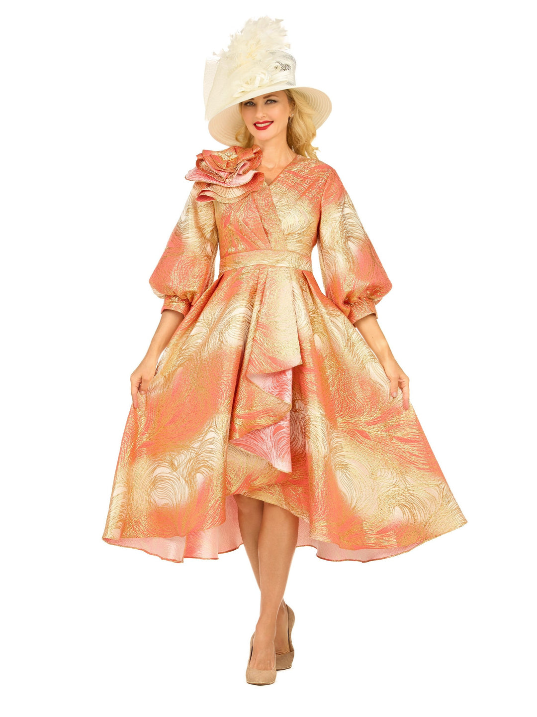 Metallic Brocade Dress with Cascade Ruffle-Plus