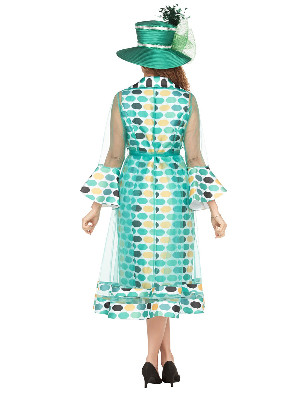 Dot Print 2pc Bell Sleeve Sheer Jkt Dress Set-Plus