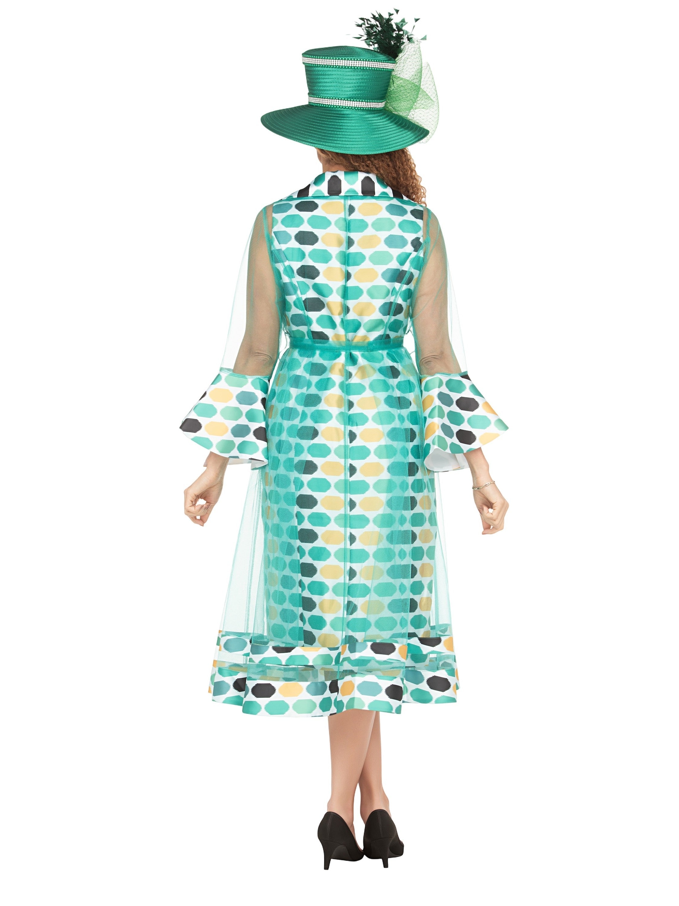 Dot Print 2pc Bell Sleeve Sheer Jkt Dress Set-Plus