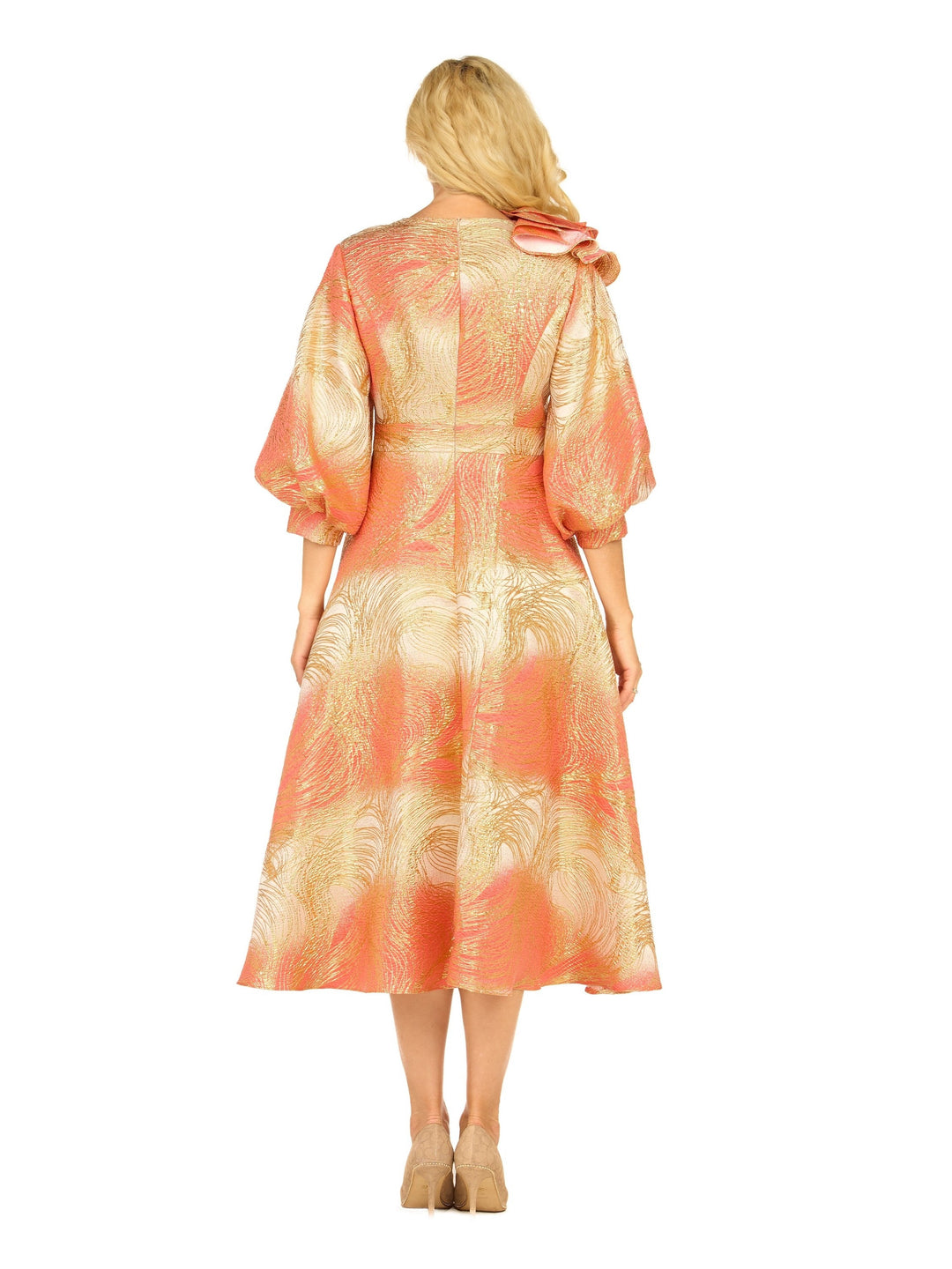Metallic Brocade Dress with Cascade Ruffle-Plus
