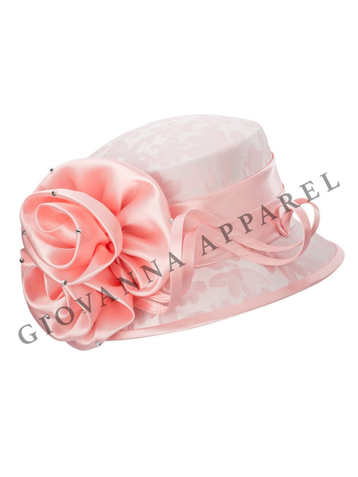 Small Brim Brocade Hat w/ Satin Flower & Ribbon