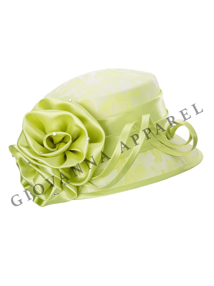 Small Brim Brocade Hat w/ Satin Flower & Ribbon