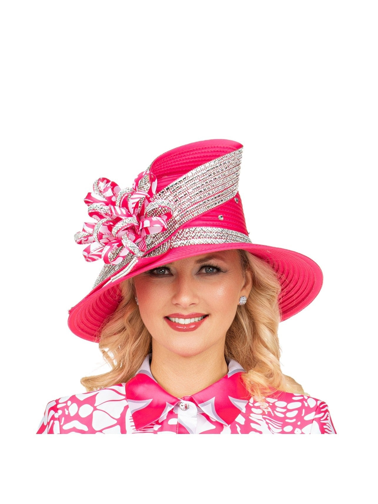 Luxury Hot Pink Jeweled Floral Crown Dress Hat