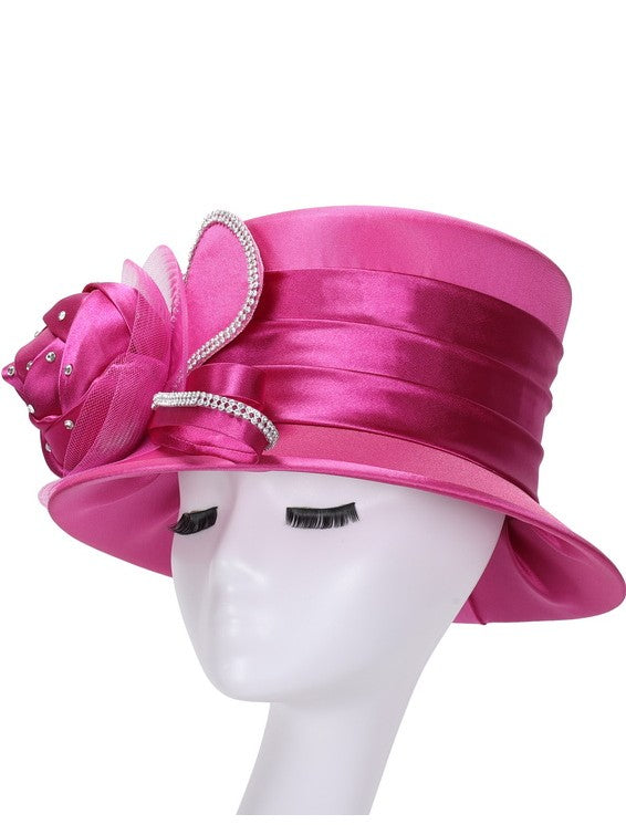 Silky Twill Small Brim Hat w/ Rose and Rhinestone