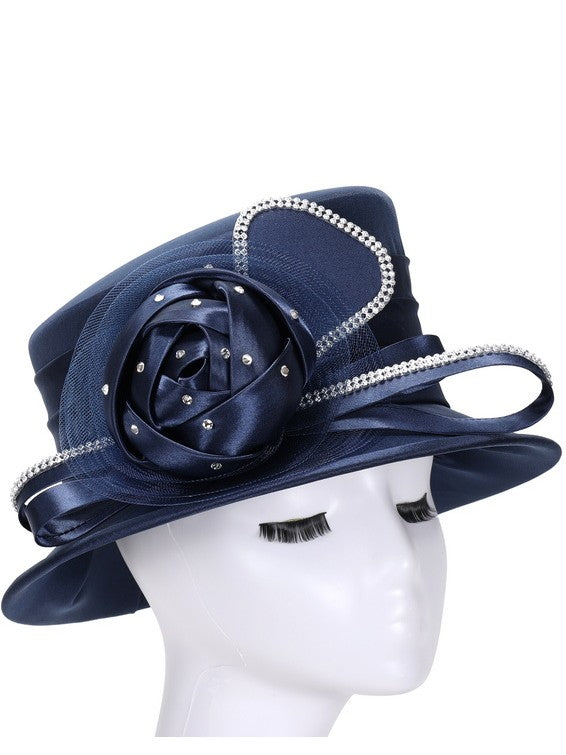Silky Twill Small Brim Hat w/ Rose and Rhinestone
