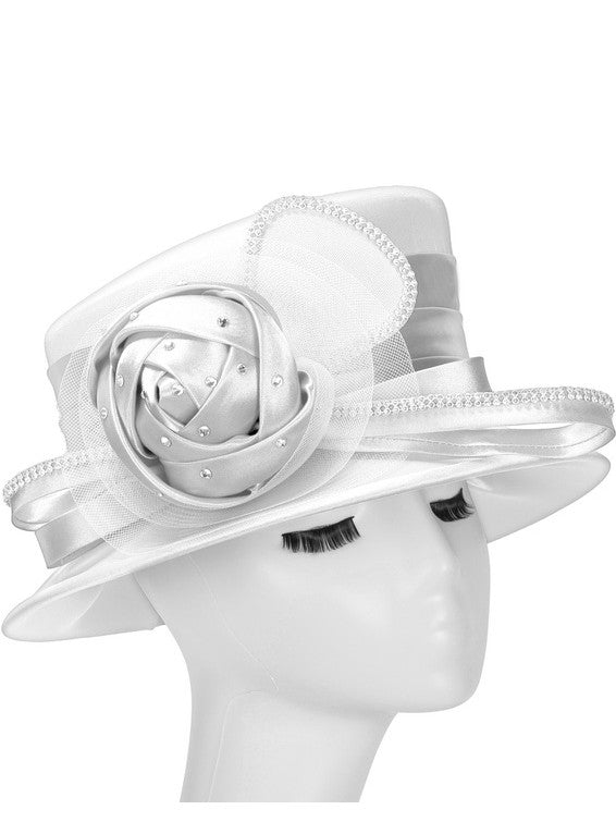 Silky Twill Small Brim Hat w/ Rose and Rhinestone